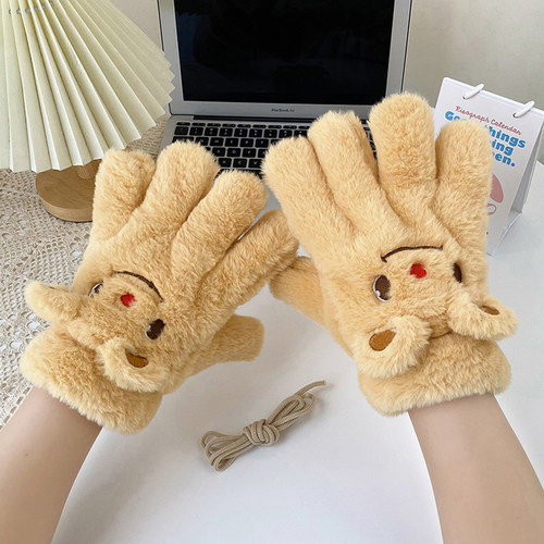 小熊加绒半指翻盖写字手套女
