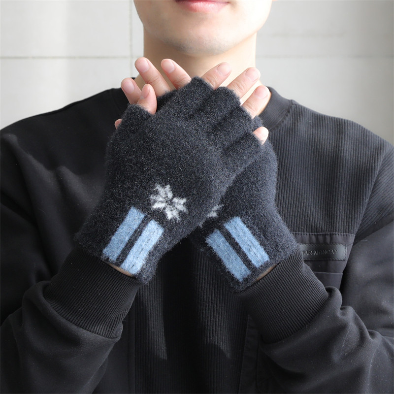 露指手套黑色男款冬季骑行棉情侣半指保暖毛线薄款五指学生针织女