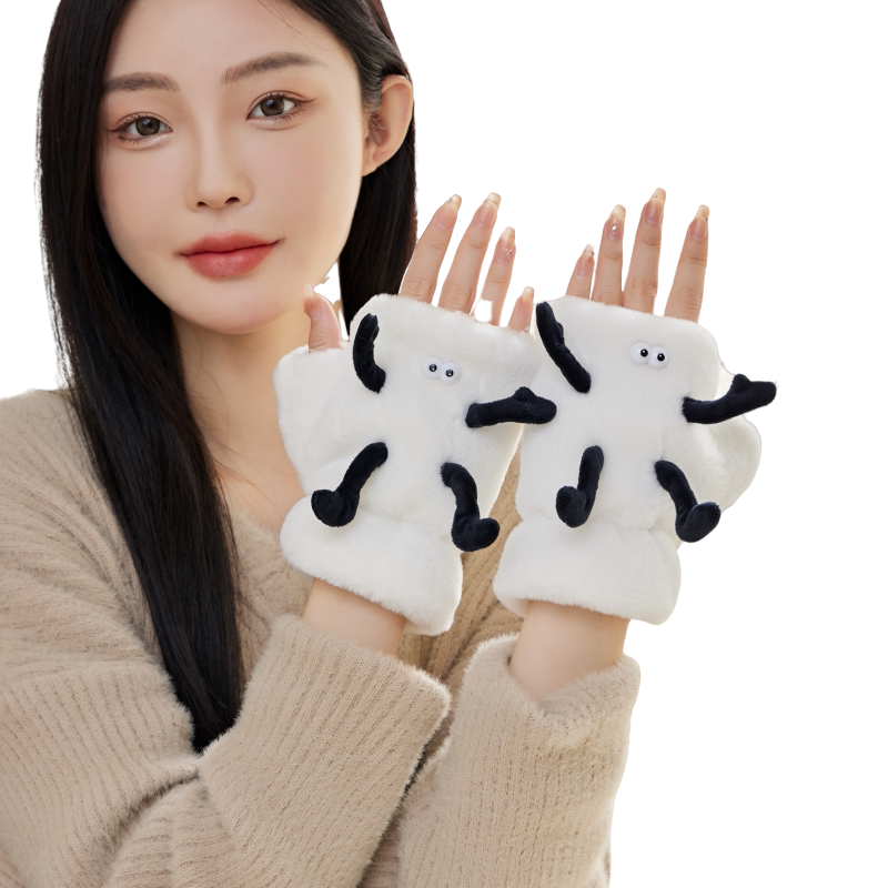 女生冬季加绒半指卡通手套