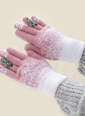 心妃兰红蓝色圣诞树手套女冬季露指可触屏雪花加绒加厚毛茸茸骑行