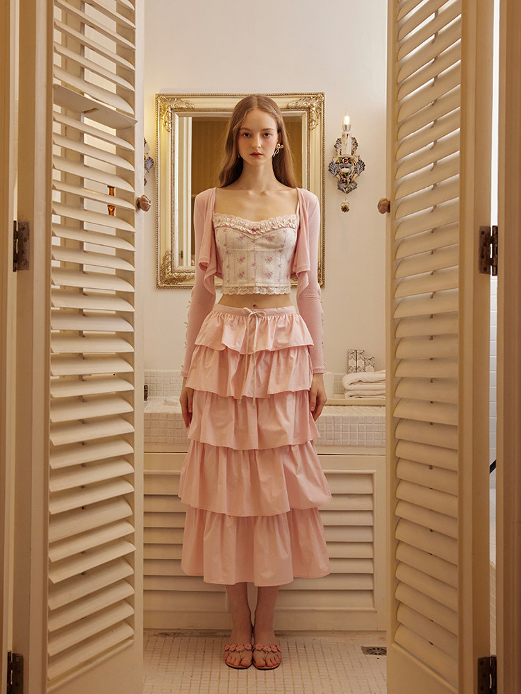 LACEMADE 발레 샴푸 프랑스 소녀 니트 레이스 스트레치 스포츠 3피스 카디건 서스펜더 스커트