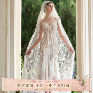 法式 赞礼 复古鱼骨轻婚纱晨袍礼服日常可穿连衣裙 风中 LaceMade