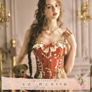 复古甜美红色吊带上衣鱼骨胸衣掐腰显瘦 法式 LaceMade 小熊番茄酱