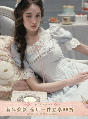 LaceMade 爱丽舍公主 法式田园风棉质甜美收腰显瘦鱼骨蓝色连衣裙