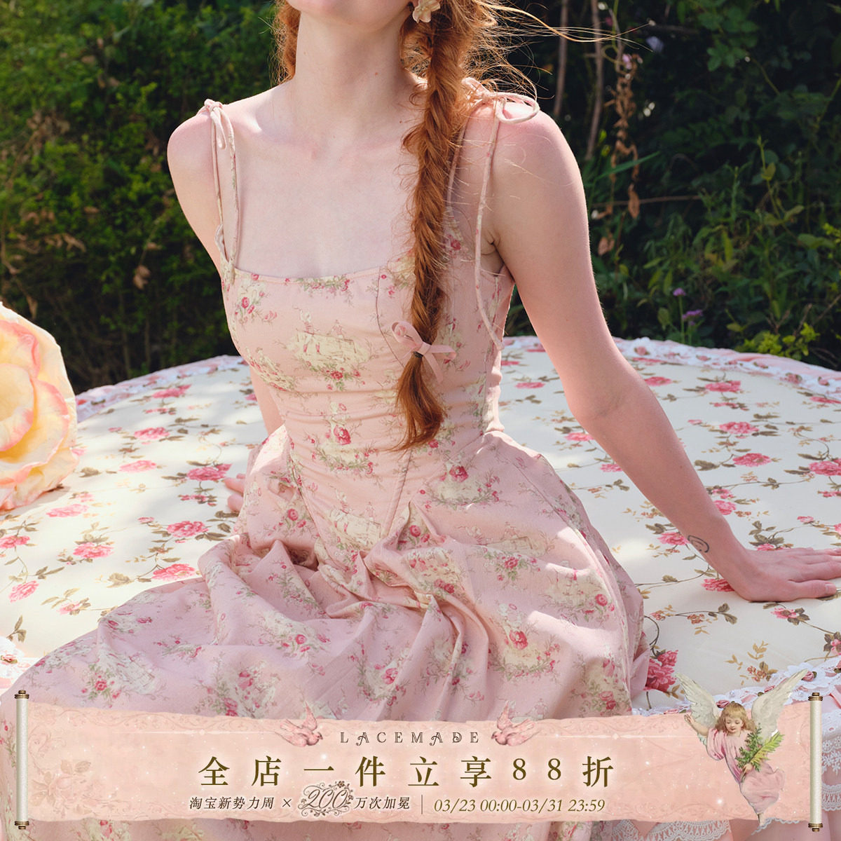 Lacemade 艾咪的夏令营 法式甜美印花吊带鱼骨粉色连衣裙显瘦通勤