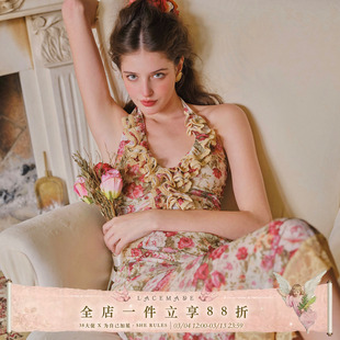LaceMade 弗莱明戈 法式复古浪漫度假弹力印花网纱挂脖鱼尾连衣裙