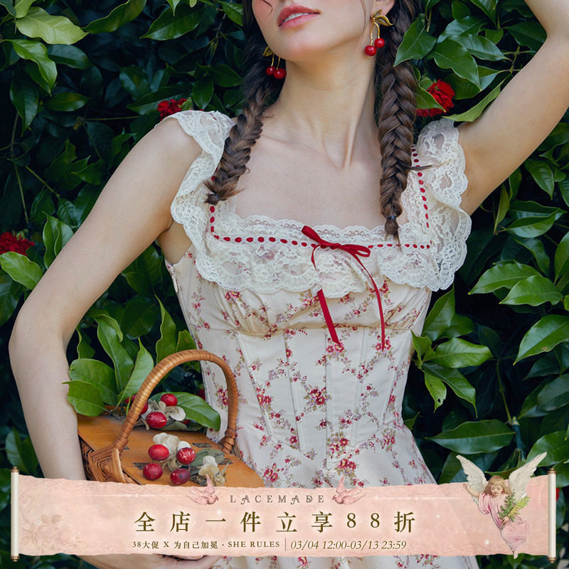 LaceMade 红石榴 法式棉田园蕾丝印花衣连衣裙通勤鱼骨裙方领女夏