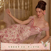 LaceMade 礼服裙 仙女裙纱网缎面印花鱼骨连衣裙新品 花漾蝶仙 法式