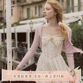 法式 LaceMade 奶油丁香 重工奶黄色连衣裙鱼骨收腰碎花通勤长裙女