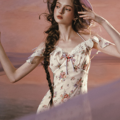 LaceMade 繁星紫藤 法式复古浪漫小飞袖印花裙高腰显瘦肌理连衣裙