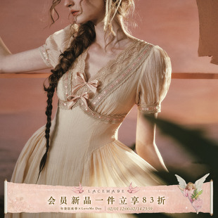 LaceMade 落日玫瑰 法式复古维多利亚风设计感v领纯色收腰连衣裙