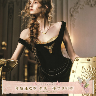 LaceMade 金鹰女神 26SS新春限定款法式宫廷黑金色丝绒年会礼服裙