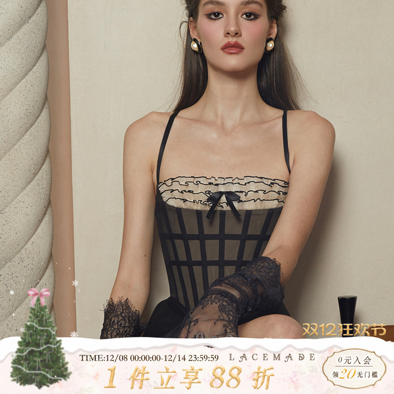 法式赫本风木耳边鱼骨胸衣连衣裙