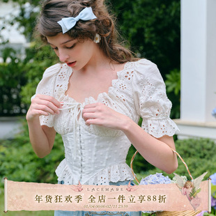 LaceMade 纸浮雕 法式复古镂空刺绣白色鱼骨衬衫上衣百搭胸衣