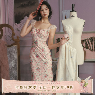 LaceMade 蔷薇音乐盒 法式复古浪漫印花鱼尾裙肌理感连衣裙印花裙