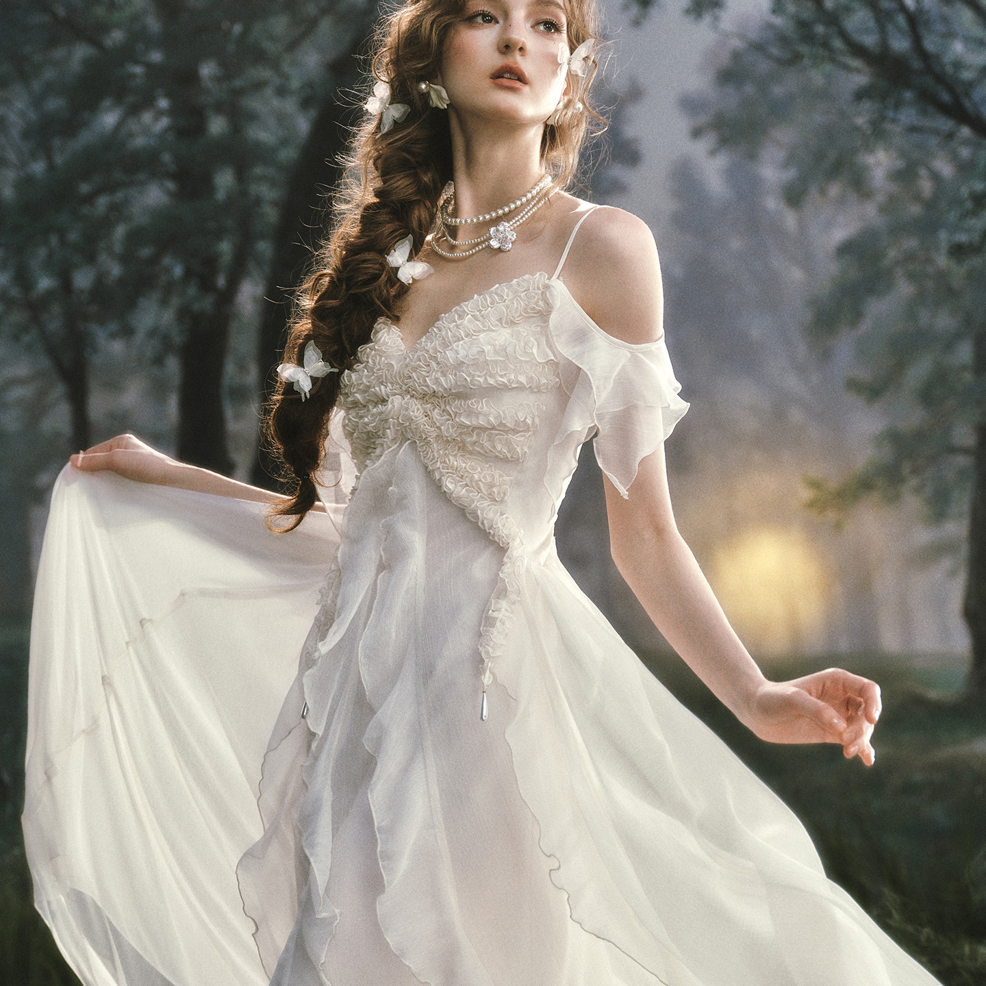 LaceMade 西冷蝴蝶 法式珠光缎面礼服裙吊带连衣裙小个子长裙夏