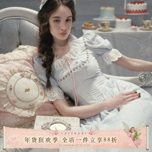 LaceMade 爱丽舍公主 法式田园风棉质甜美收腰显瘦鱼骨蓝色连衣裙