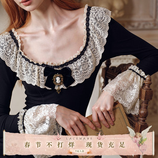 LaceMade 庞贝的琴音 法式田园黑色针织打底连衣裙秋长袖通勤显瘦