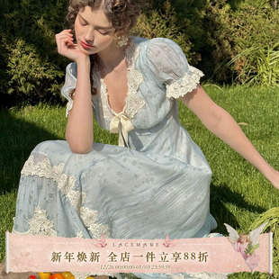 夏天 短袖 风 田园清新baby蓝长款 蕾丝裙通勤连衣裙 法式 LaceMade
