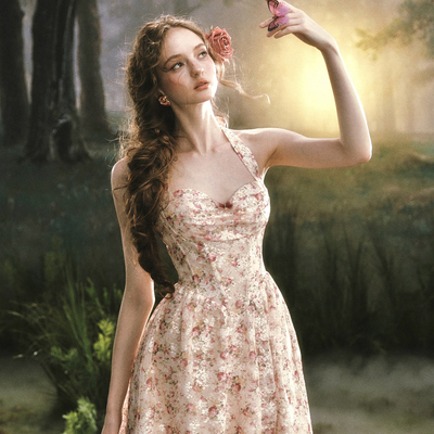 LaceMade 森野蔷薇 法式复古浪漫度假裙长款连衣裙碎花挂脖裙夏女