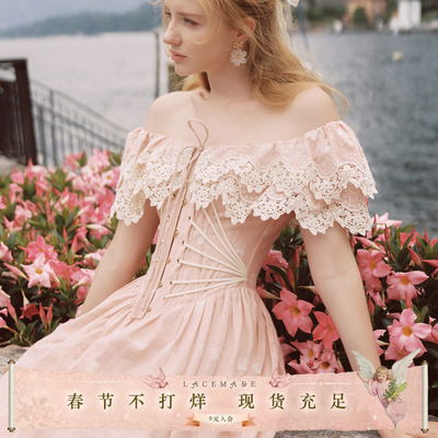 温柔公主风一字肩纯棉鱼骨粉长裙