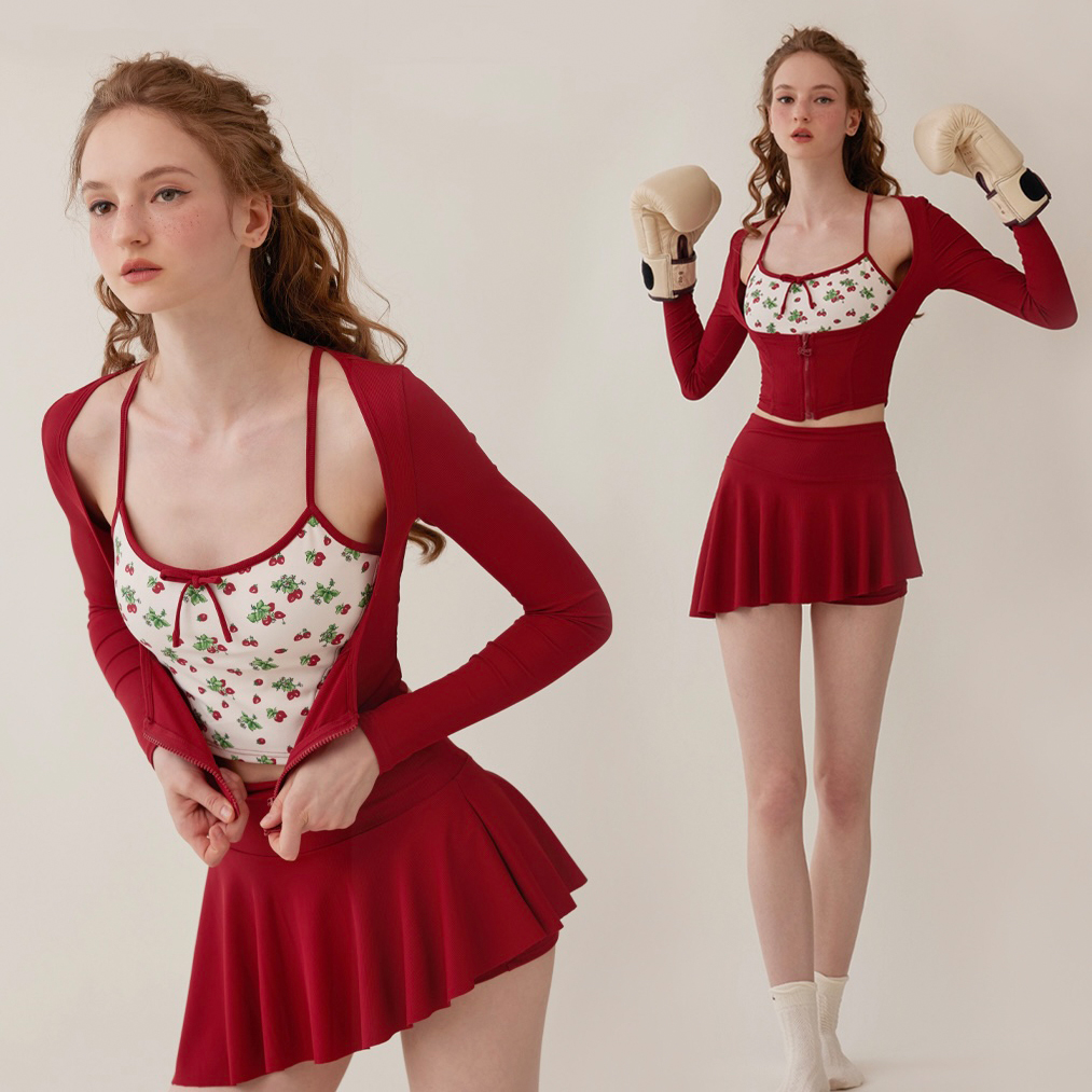 Lacemade 元气草莓酱 法式少女感草莓印花吊带开衫半裙套装瑜伽服