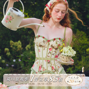 设计感甜美田园风印花鱼骨上衣吊带绿色胸衣 法式 Lacemade 无花果