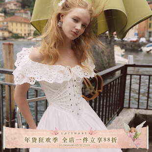 LaceMade 心动见习生 法式设计感鱼骨连衣裙纯白镂空一字肩长裙女