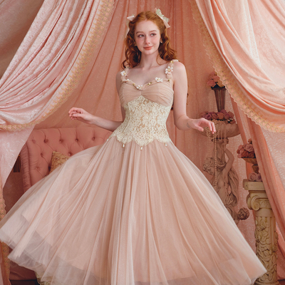 Lacemade 雏菊风铃 法式甜美蕾丝粉色网纱鱼骨吊带连衣裙仙女裙夏