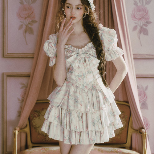 LaceMade 甜花糖果屋 法式少女感棉质鱼骨连衣裙甜美蛋糕短裙夏女