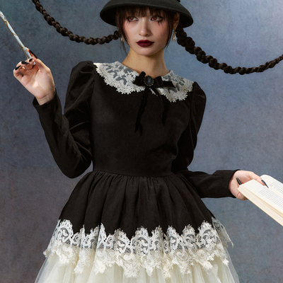 LaceMade 昼夜派对 生日款法式蕾丝重工黑白撞色万圣节长袖连衣裙