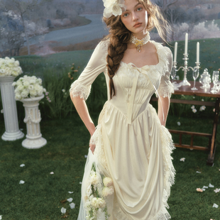 LaceMade 幸福归来 法式复古宫廷缎面轻婚纱礼服裙两穿白色连衣裙