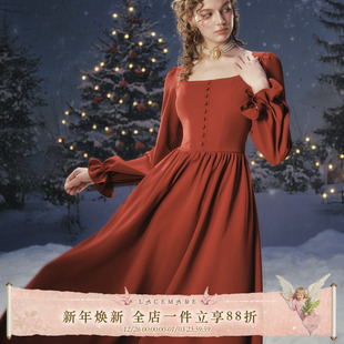 浓情波尔多 连衣裙敬酒服冬季 法式 红色长袖 复古通勤长款 LaceMade