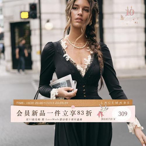 LaceMade 黑曼陀罗 法式复古优雅休闲风深v蕾丝大摆量黑色连衣裙