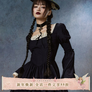 宫廷风万圣节蕾丝大裙摆两穿鱼骨连衣裙 法式 LaceMade 深蓝华尔兹