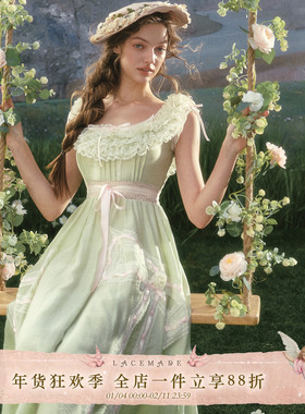 LaceMade 绿风筝 法式田园重工一字肩仙女裙绿色蕾丝裙女限时返场
