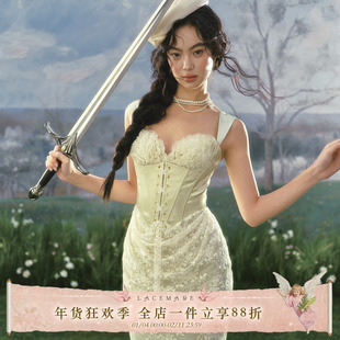 LaceMade 翡翠战士 法式重工缎面公主裙绿色生日礼服裙蕾丝连衣裙