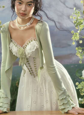 LaceMade 花季薄荷 法式田园重工棉吊带白色连衣裙绿色开衫套装女