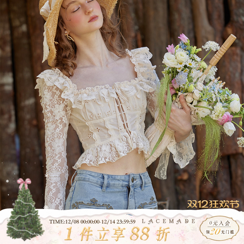 LaceMade 法兰西美人 法式复古田园风设计感蕾丝镂空绑带衬衫小衫