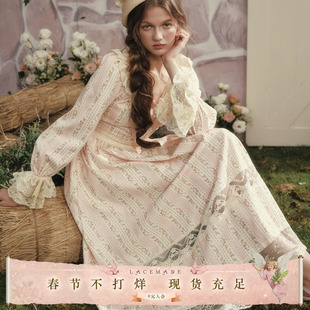 LaceMade 蜜糖花语 法式复古田园风长款印花蕾丝收腰长袖连衣裙秋