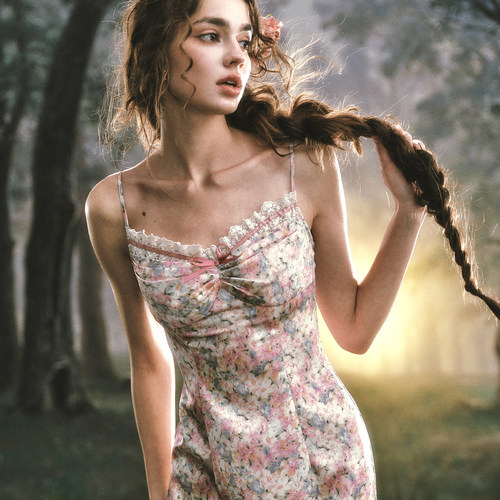 LaceMade 蔷薇雾径 法式田园风碎花吊带裙缎面印花连衣裙气质春夏