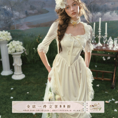LaceMade 幸福归来 法式复古宫廷缎面轻婚纱礼服裙两穿白色连衣裙 - 封面