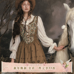 LaceMade 古典伽利略 法式西部牛仔风复古乡村印花麂皮镂空连衣裙