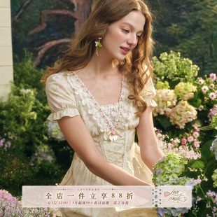 LaceMade 花田茶会 法式田园碎花短袖连衣裙鱼骨裙长款通勤夏季女