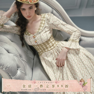 田园风棉质清新通勤碎花长袖 法式 绿色连衣裙女 温莎花园 LaceMade