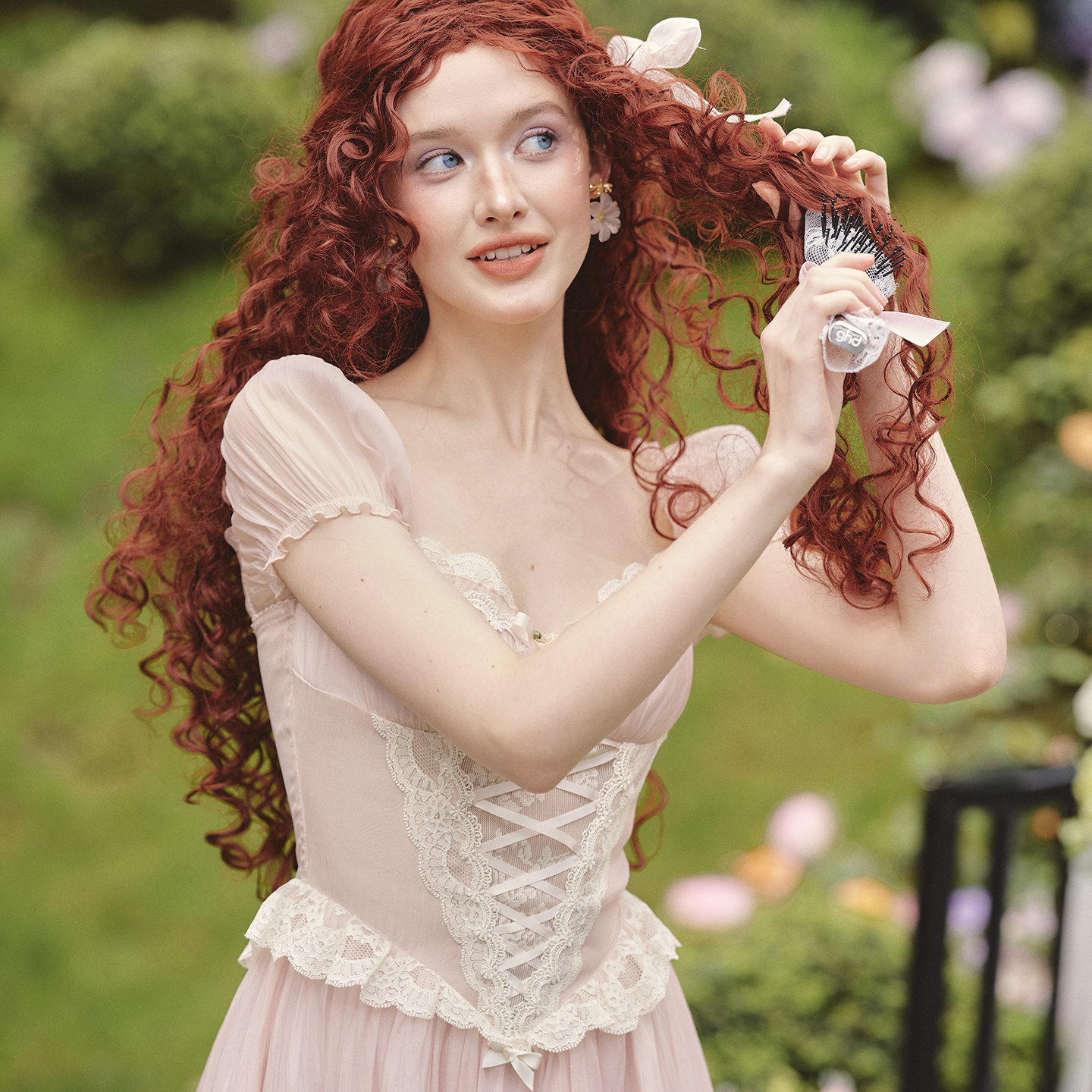 LaceMade 粉雾仙子 法式粉色仙女裙设计感长款短袖鱼骨连衣裙通勤