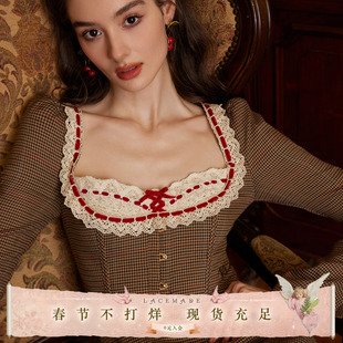 LaceMade 英爵公馆 法式复古设计感千鸟格秋冬打底鱼骨长袖连衣裙