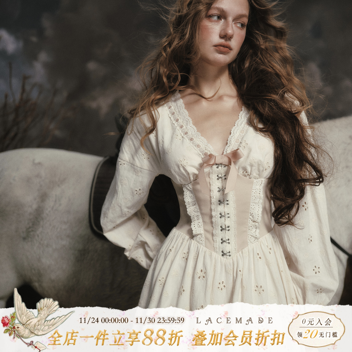 LaceMade 白巧战士 法式牛仔风收腰棉质假两件v领显瘦长袖连衣裙