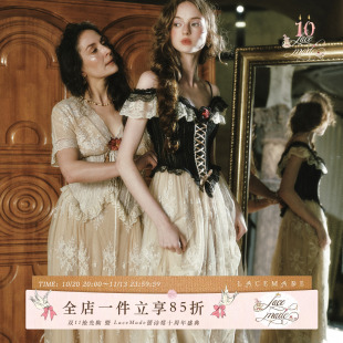LaceMade 黑夜红玫瑰 法式宫廷重工蕾丝黑色吊带鱼骨刺绣连衣裙夏