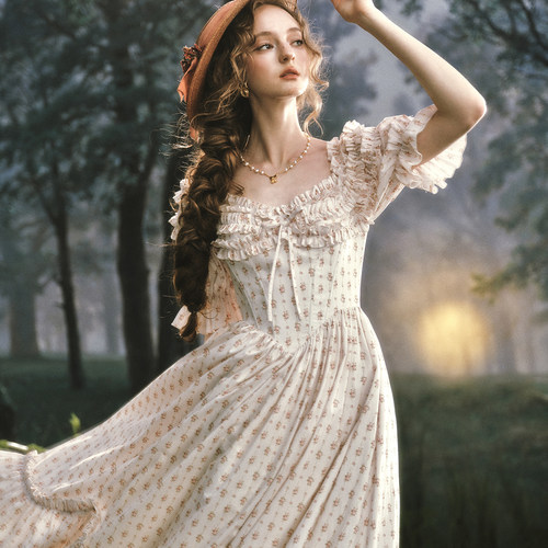 LaceMade 瑰夏恋人 法式重工田园风棉质碎花鱼骨连衣裙女气质春夏